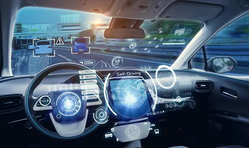 Car interior with holographic overlays displaying advanced driver-assistance systems (ADAS) and self-driving vehicle features.