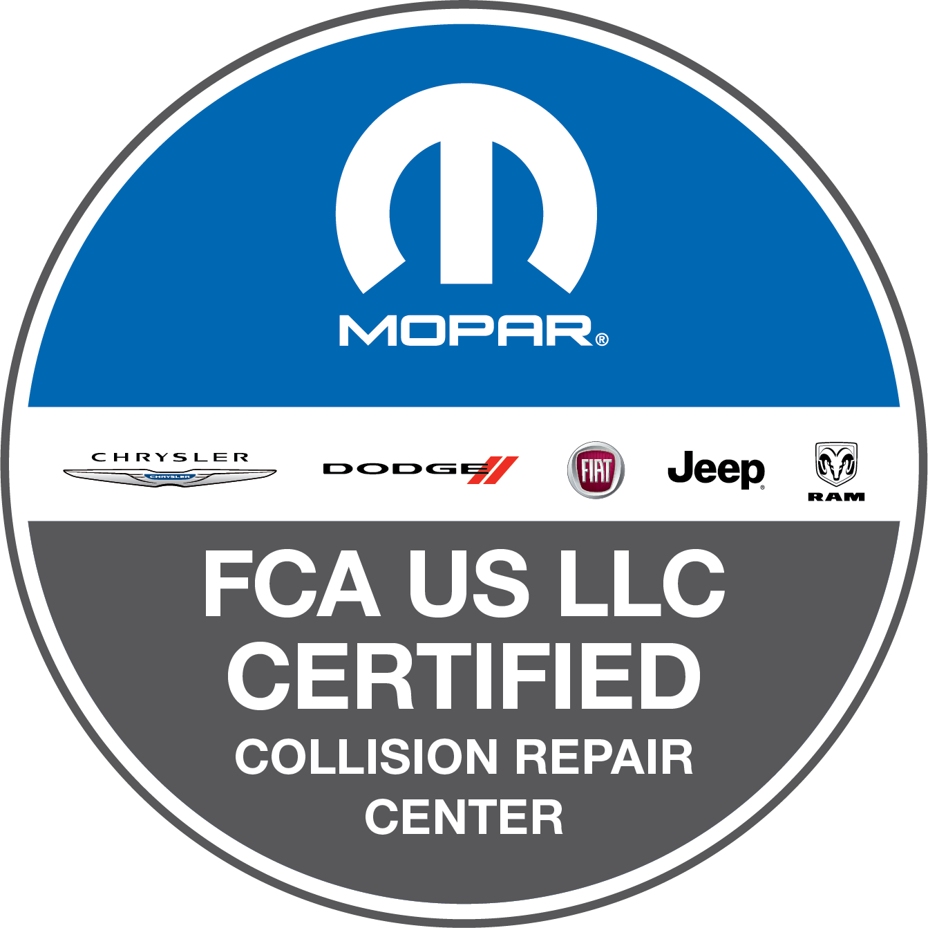 FCA US LLC Certified Collision Repair Center logo, symbolizing certified repair centers for FCA (Fiat Chrysler Automobiles) vehicles.