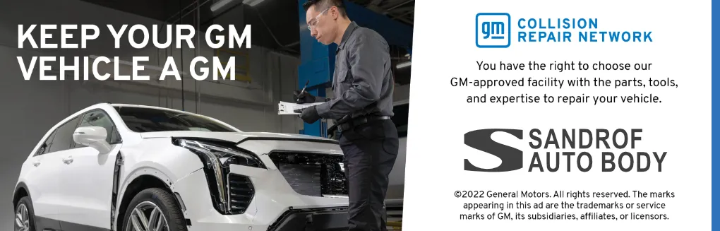 GM banner displaying the approval to use a GM-approved facility for vehicle repairs, highlighting certification and quality assurance.