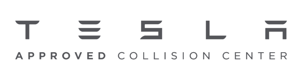 Tesla Approved Collision Center logo, indicating an authorized repair facility for Tesla vehicles with certified technicians.